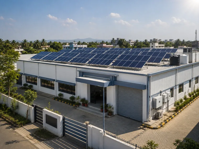 Illustrative render of a commercial rooftop solar installation